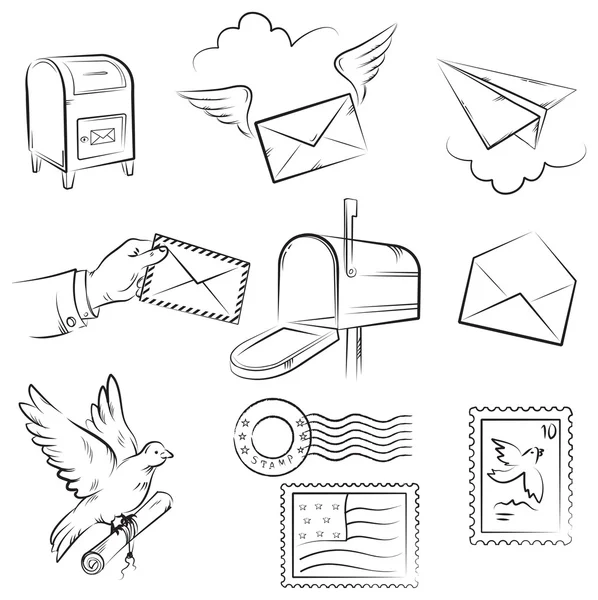 Conjunto de bocetos vectoriales sobre el correo y el tema de entrega posterior — Archivo Imágenes Vectoriales