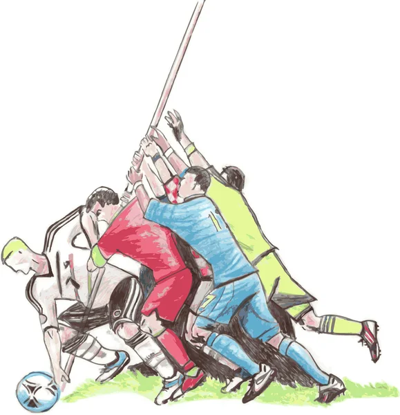 Giocatori di calcio che lottano per il pallone da calcio, illustrazione vettoriale — Vettoriale Stock