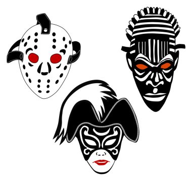 Masks, set of hockey, Venice and African masks clipart