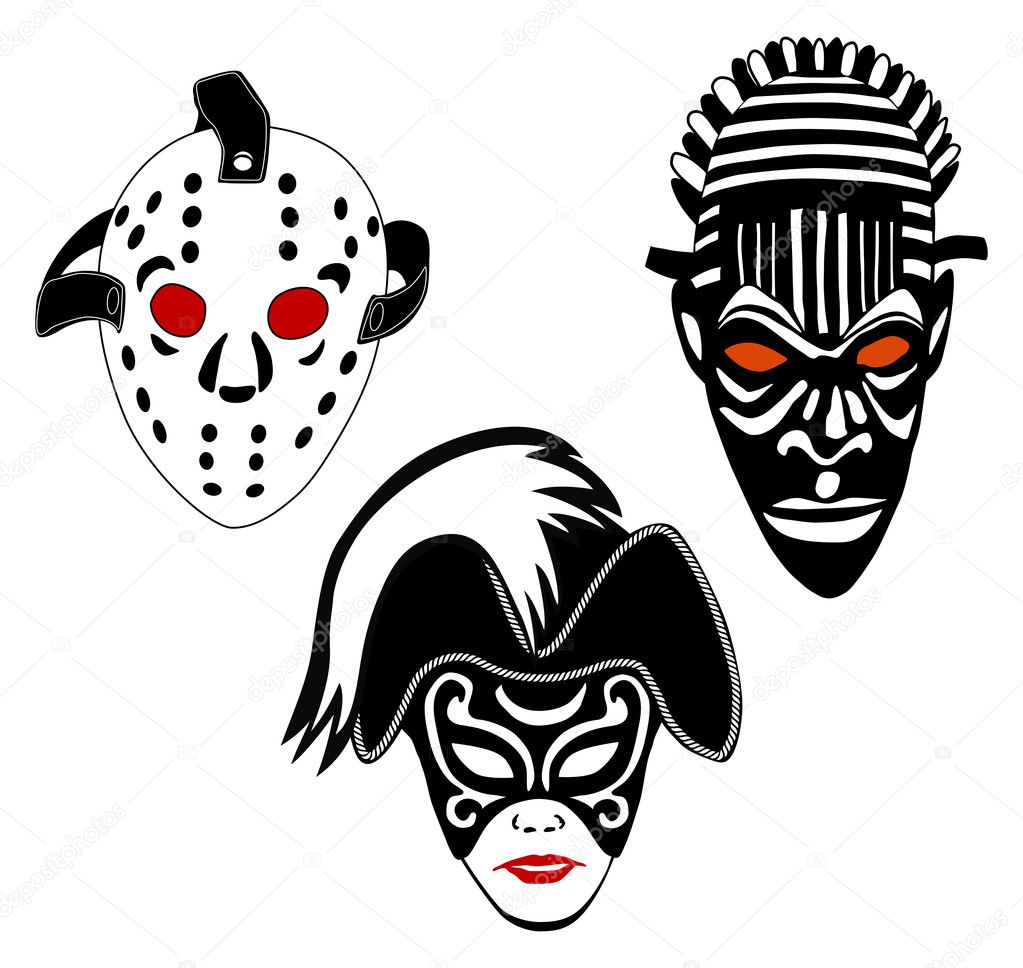 Masks, set of hockey, Venice and African masks
