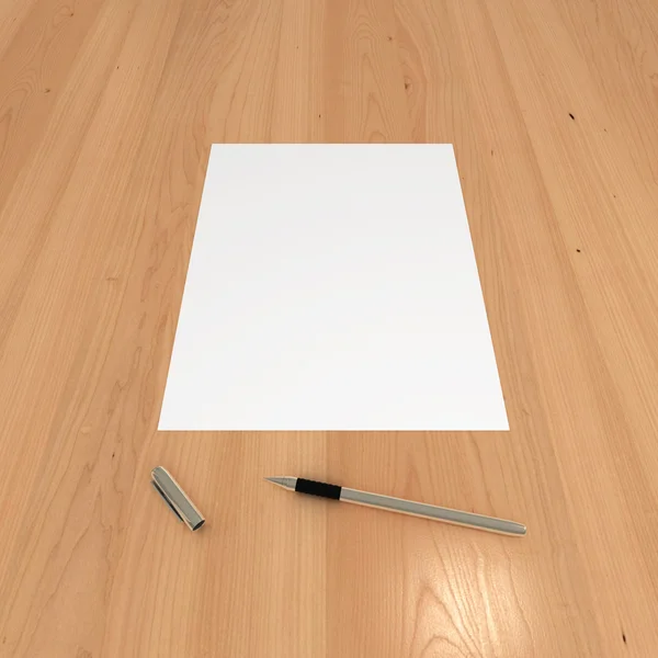 Λευκό χαρτί και στυλό πάνω σε ξύλινο τραπέζι — Φωτογραφία Αρχείου