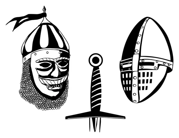 Hełmów średniowiecznych wojowników i miecz — Wektor stockowy
