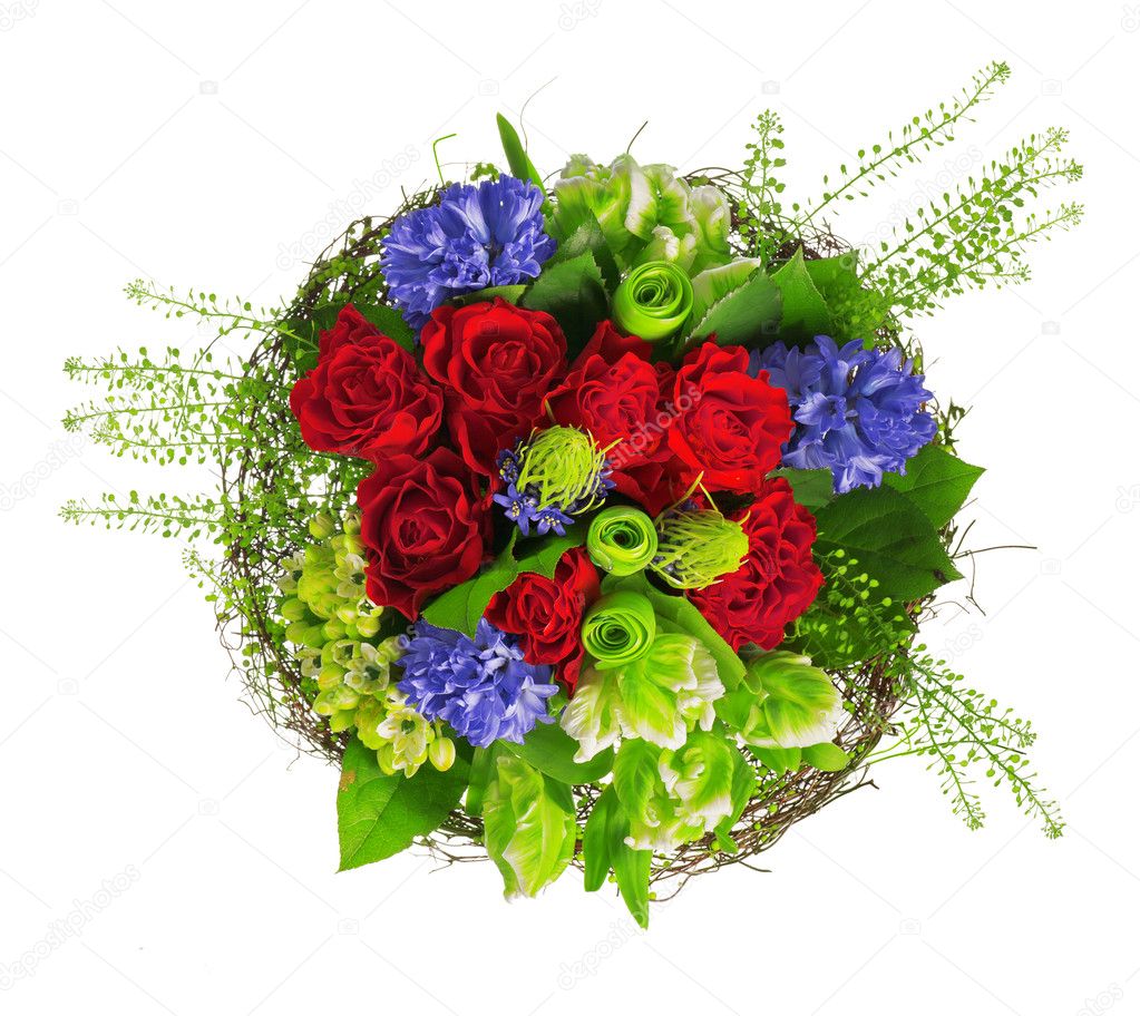 Bouquet of roses, hyacinthus and greens