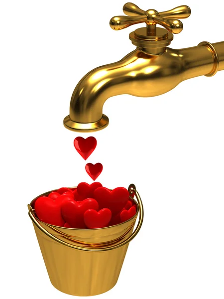 A bucket with hearts from the tap — Stock Photo, Image