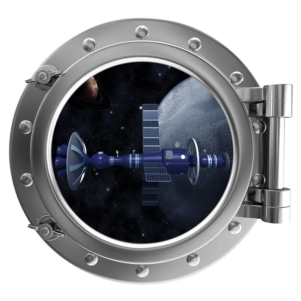 Porthole with a view of the satellite — Stock Photo, Image
