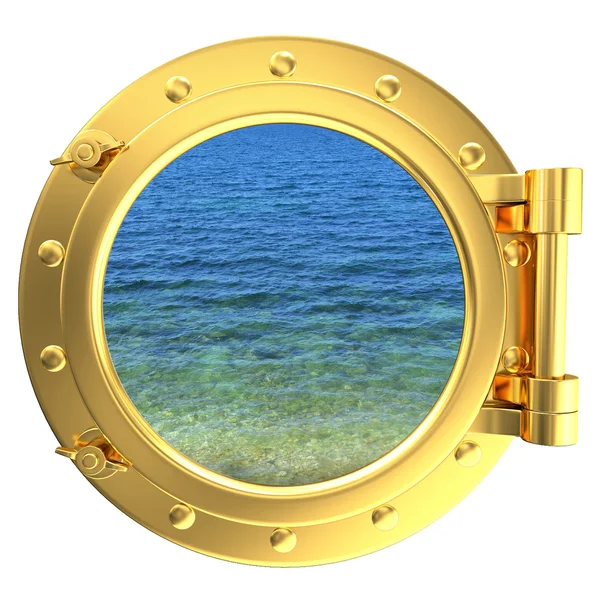 水のビューとゴールドの舷窓 — ストック写真