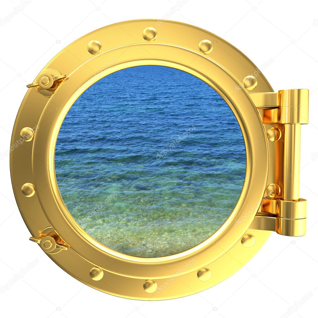 Gold porthole with a view of water