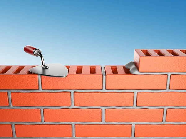 stock image Trowel and bricks wall 3D, on blue sky. Work place