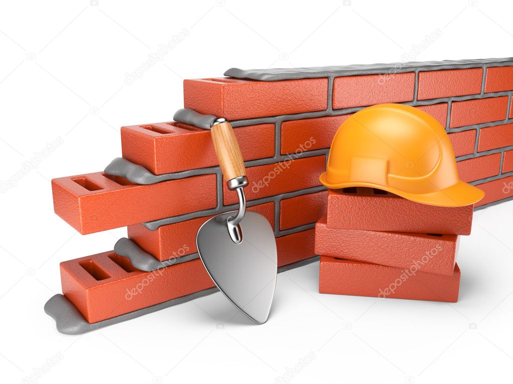 Trowel and bricks wall 3D. Work place. Isolated on white backgro