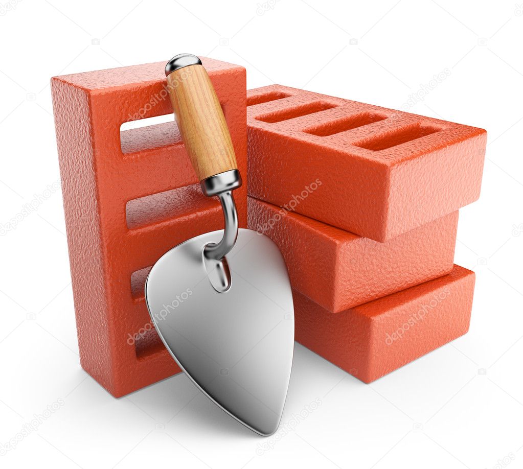 Trowel and bricks. Work tool. 3D icon isolated on white backgrou