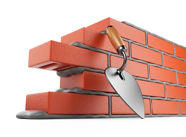 stock image Trowel and bricks wall 3D. Work place. Isolated on white backgro