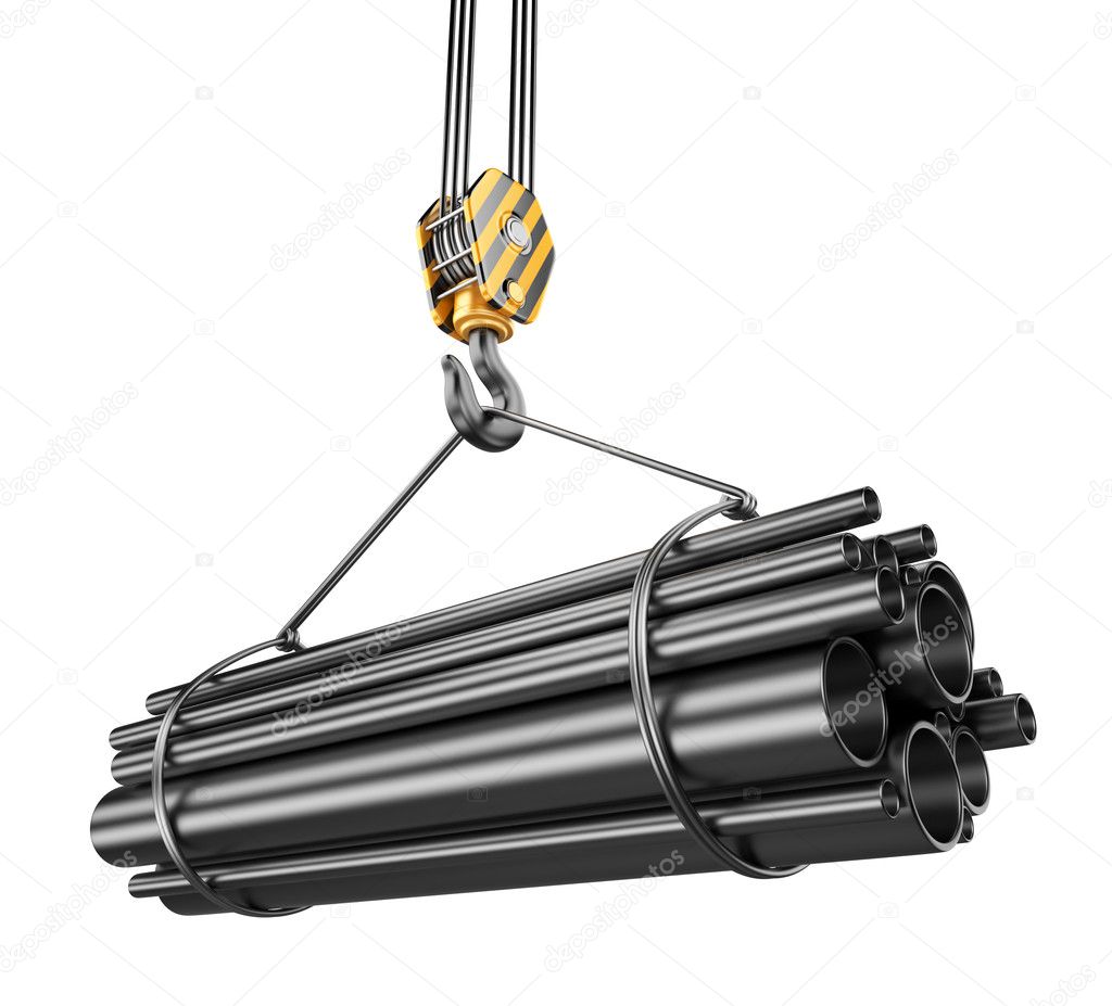 Crane hook with steel pipes 3D. Isolated on white background