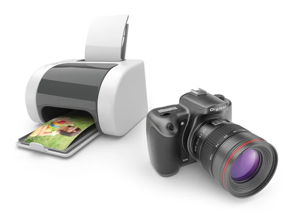Impressora com câmera fotográfica 3D. Impressão de fotos. isolado — Fotografia de Stock