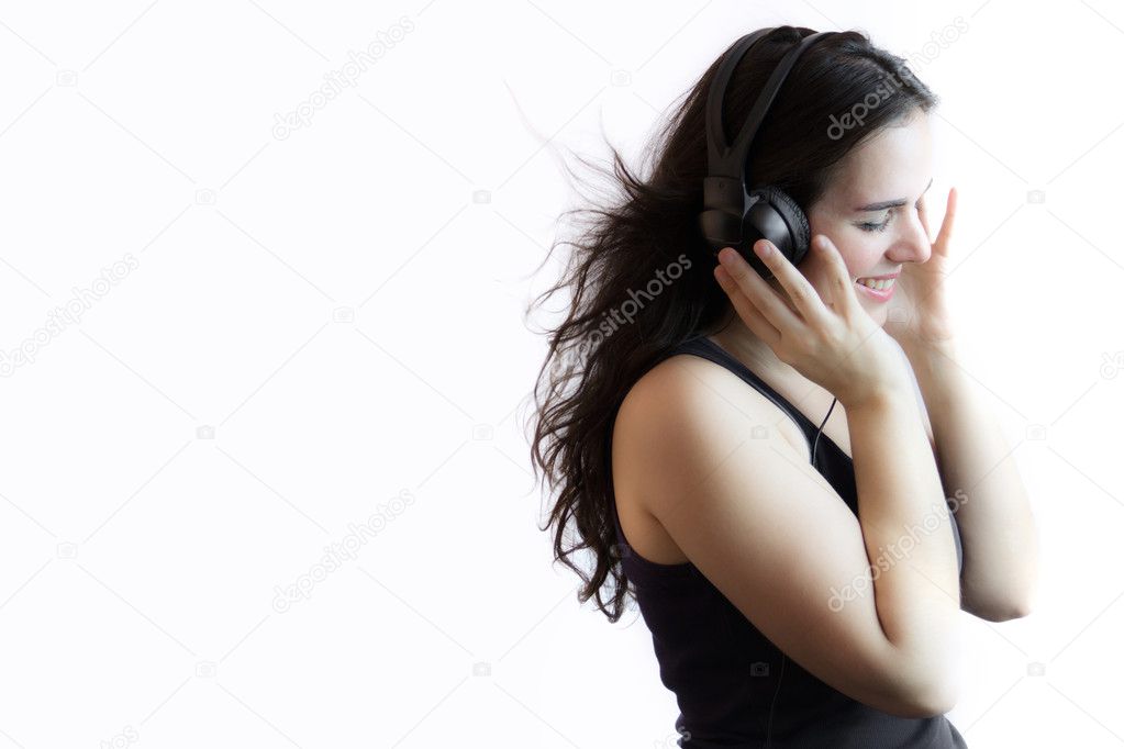Pretty Girl With Headphones Listening To Music