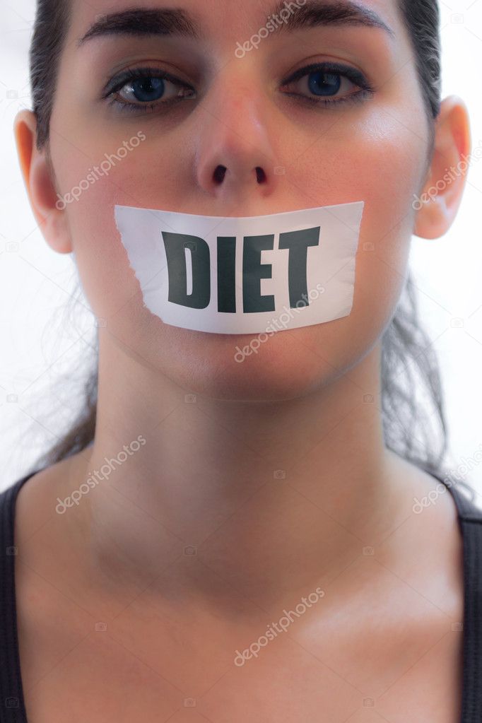 Tape Over Mouth Girl - Making Diet Concept - Isolated On White B