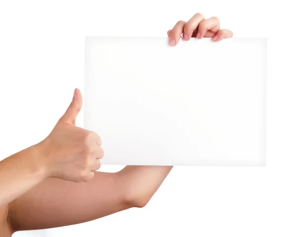 One Hand Holding Blank Paper and the other one makes perfect sig — Stock Photo, Image