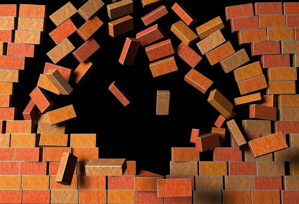 Brick Wall Explodes on Black Background — Stock Photo, Image