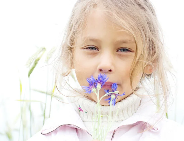 Girl with bouquet of cornflowers — Stock Photo, Image