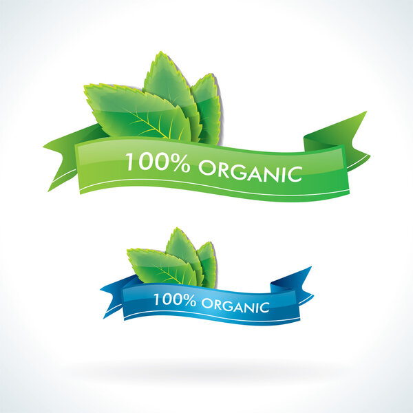 100% органическая этикетка с зелеными листьями
