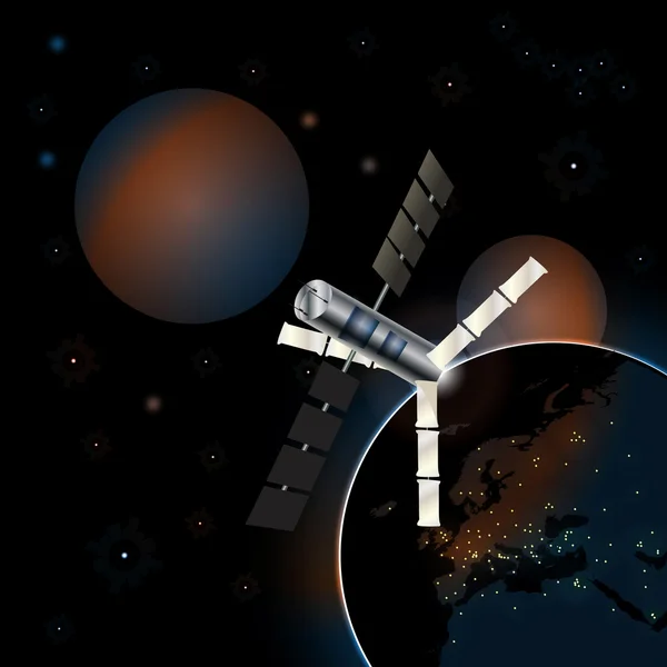 Grafische Illustration des Kommunikationssatelliten im Erdorbit — Stockvektor