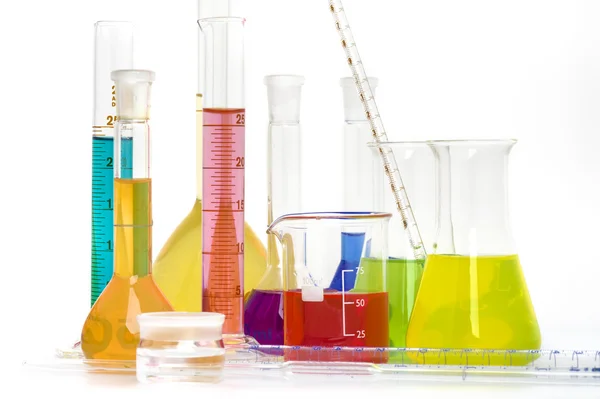 Chemical flasks with reagents — Stock Photo, Image