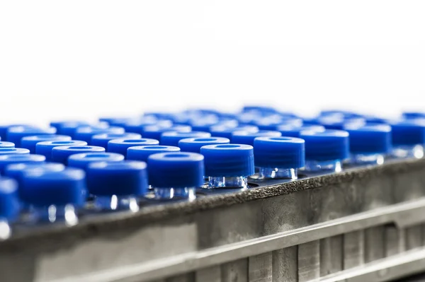 Mini-Glas-Reagenzgläser mit blauen Kappen — Stockfoto