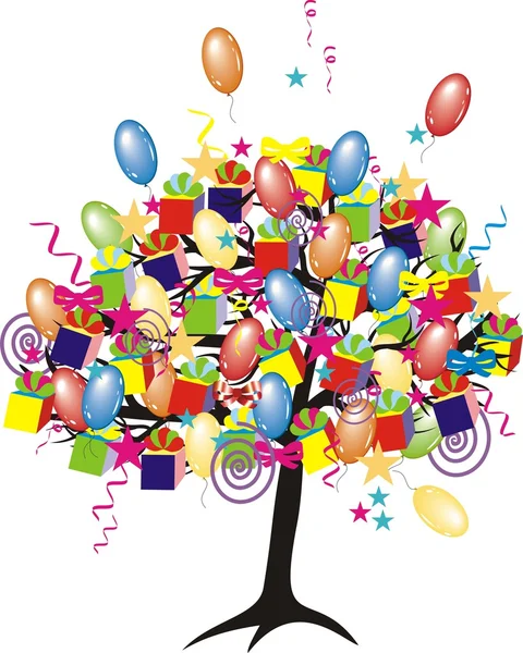 Arbre de fête de dessin animé avec ballons, cadeaux, boîtes pour un événement heureux et des vacances — Image vectorielle