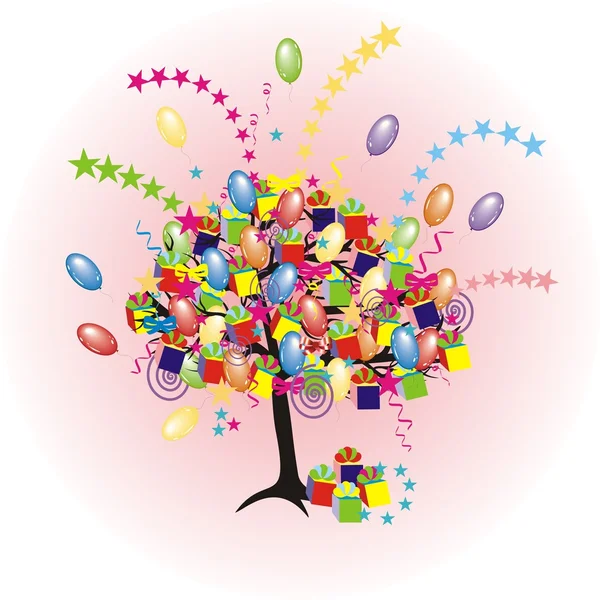 Árvore de festa dos desenhos animados com balões, presentes, caixas para evento feliz e feriado — Vetor de Stock