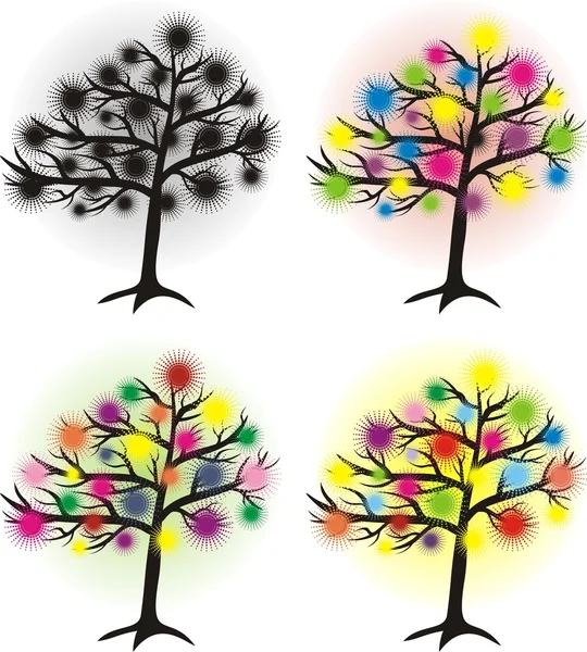 Conjunto de árbol abstracto con sol de medio tono, elemento de diseño — Vector de stock