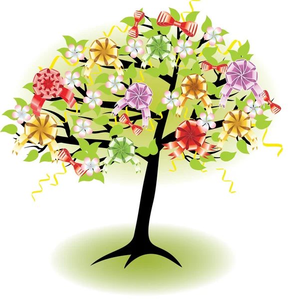 Dovolená jarní strom s luky a květinami — Stockový vektor