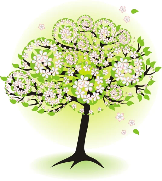 Saisonbaum für den Frühling mit Blättern und Blumen — Stockvektor