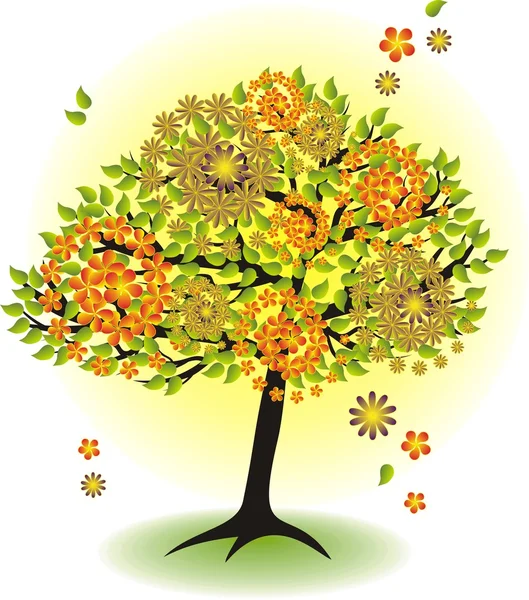 Saisonbaum für den Sommer mit Blättern und Blumen — Stockvektor