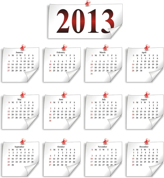 Vector calendar 2013 on small white paper — Stock Vector