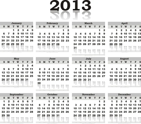 Černý bílý vektorový kalendář 2013 s reflexí — Stockový vektor