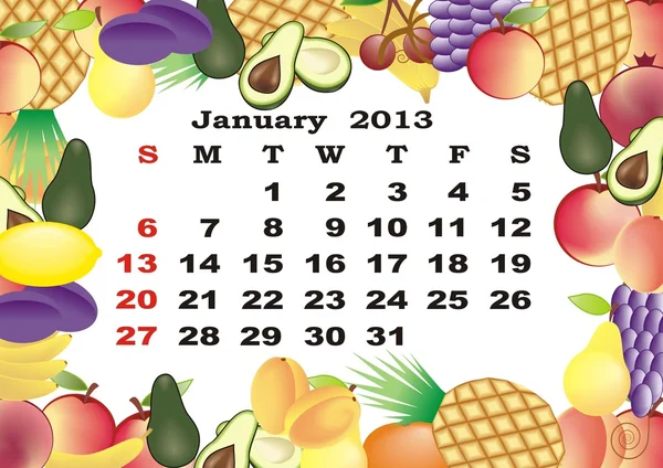 Januar - Monatskalender 2013 im Rahmen mit Früchten — Stockvektor