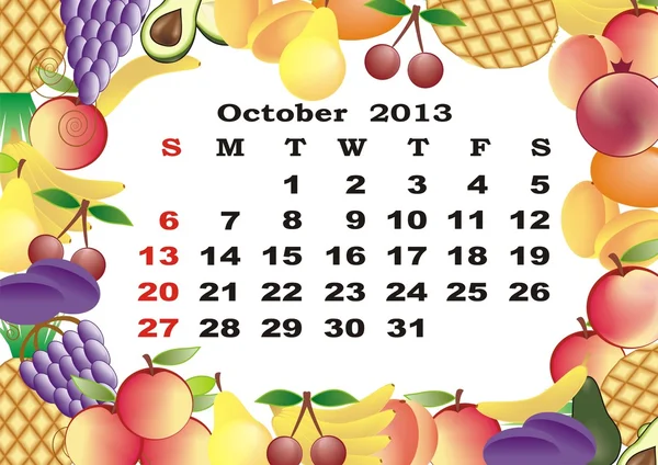 stock vector October - monthly calendar 2013 in frame with fruits