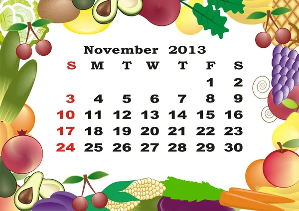 Noviembre - calendario mensual 2013 en marco con frutas y verduras — Vector de stock