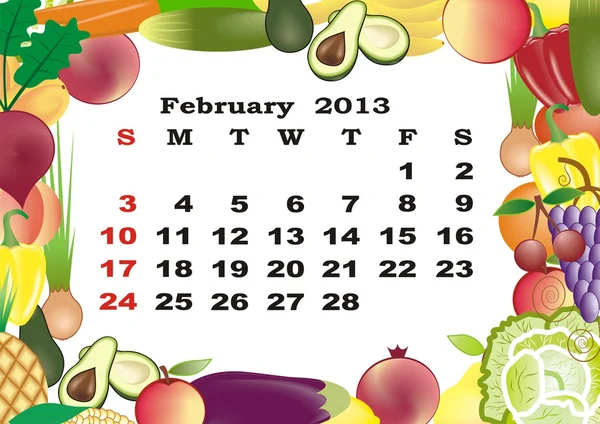 stock vector February - monthly calendar 2013 in frame with fruits and vegetables