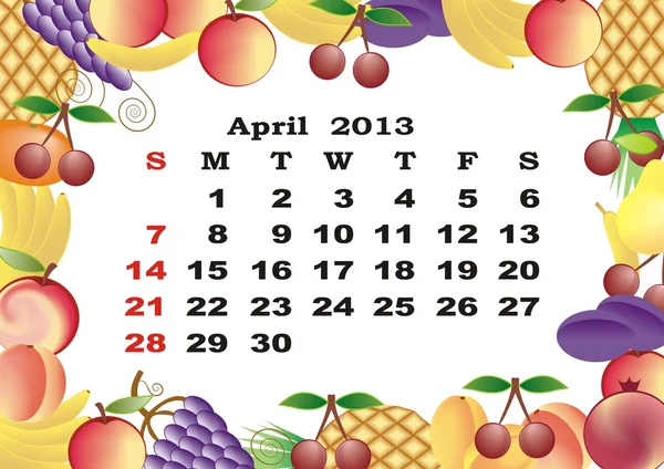 April - Monatskalender 2013 im Rahmen mit Früchten — Stockvektor