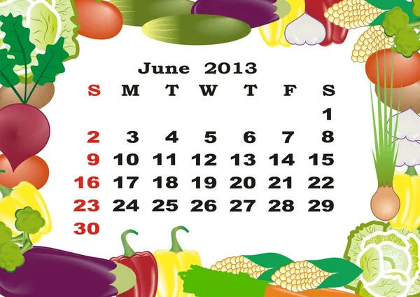 Červen - měsíční kalendář 2013 v rámečku se zeleninou — Stockový vektor