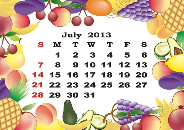 July - monthly calendar 2013 in frame with fruits — Stock Vector