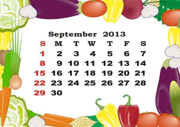 9 月-每月的日历 2013年蔬菜具有框架中 — 图库矢量图片