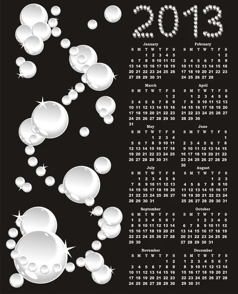 矢量日历 2013年黑色背景上的白色珍珠 — 图库矢量图片