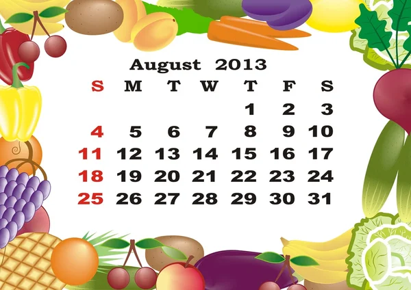 Srpen - měsíční kalendář 2013 v rámečku s ovocem a zeleninou — Stockový vektor