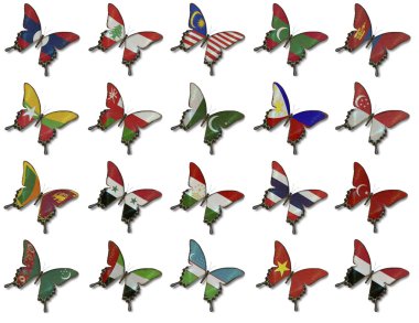 Kelebekler üzerinde Asya bayrakları gelen kolaj
