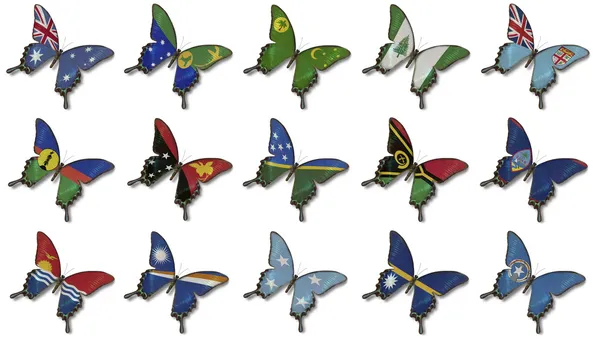 Collage van Australië en Oceanië vlaggen op vlinders — Stockfoto