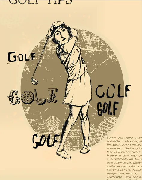 旧报纸与打高尔夫球的年轻女子的例证 — 图库矢量图片