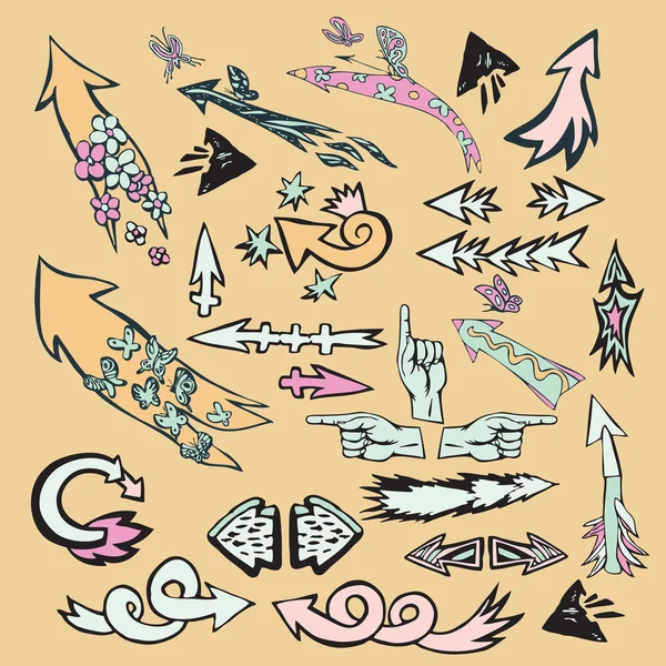 Art vectoriel coloré ensemble, drôle, flèches de dessin animé ensemble avec des fleurs et des papillons pour la conception — Image vectorielle