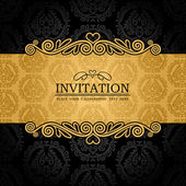 Abstract background with antique, vintage frame and banner, black damask wallpaper with ornamental, gold invitation card, baroque style label, fashion pattern, graphic ornament for decoration, design