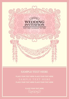 Wedding invitation card, abstract background, vintage frame and banner, pink damask wallpaper, baroque style label, fashion pattern, graphic ornament for decoration and design clipart